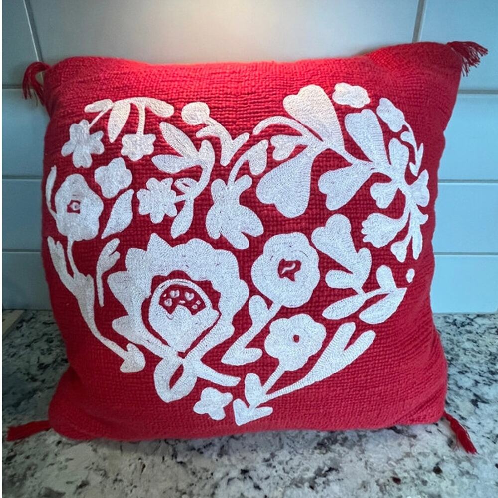 Threshold Decorative Heart Throw Pillow Red Weave Design 15”x16”